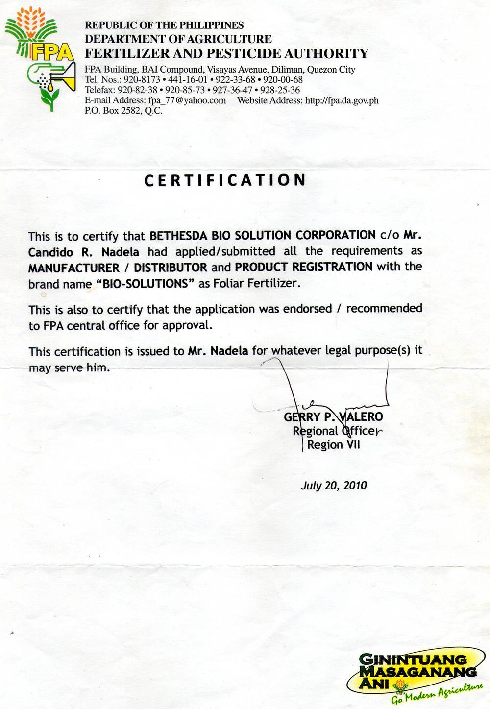 DA-FPA certification 2010 Bio-Solutions foliar fertilizer