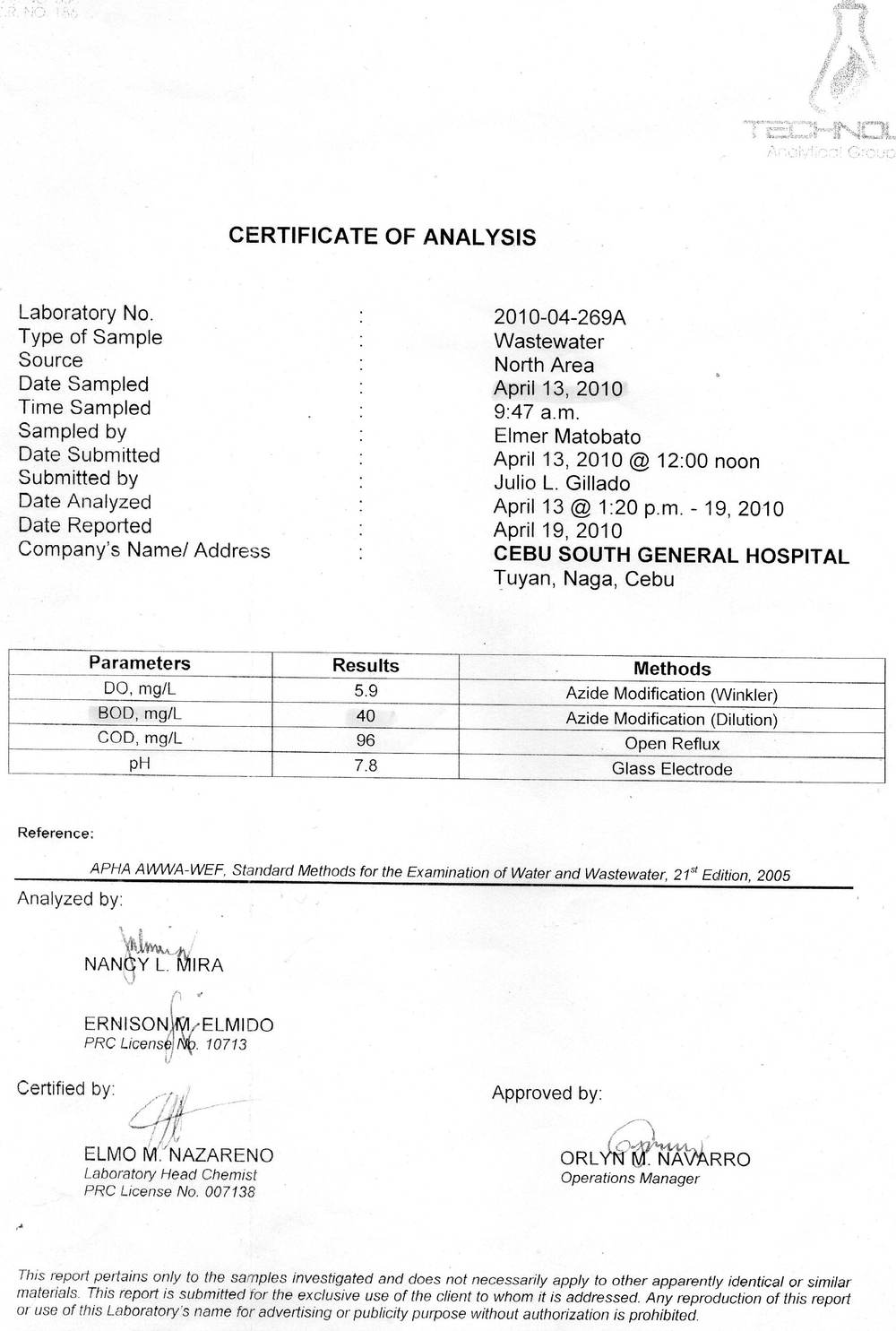 SouthGen Apr 2010 lab BOD 40