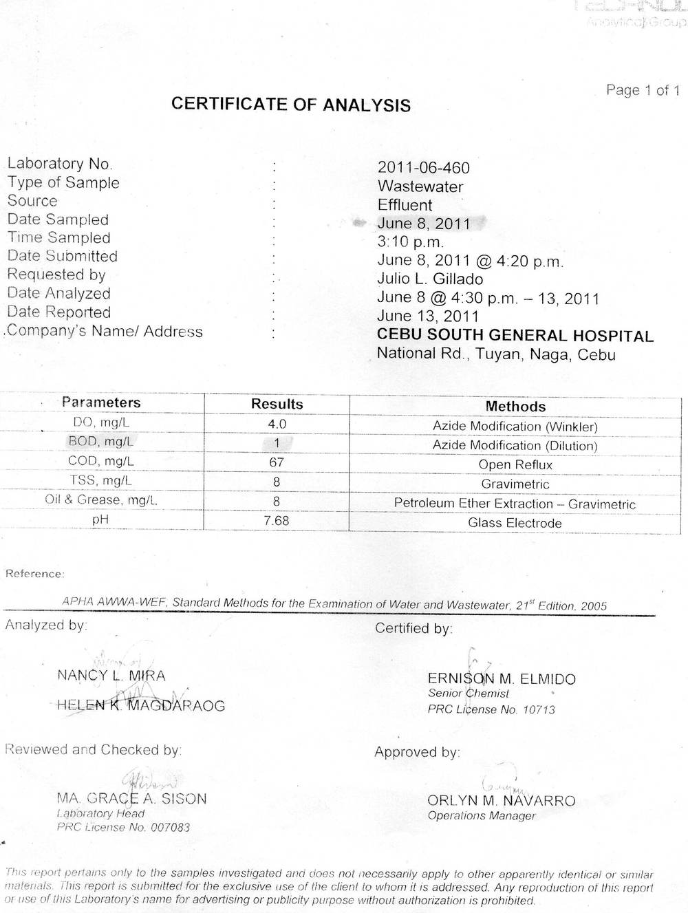 SouthGen June 2011 lab BOD 1